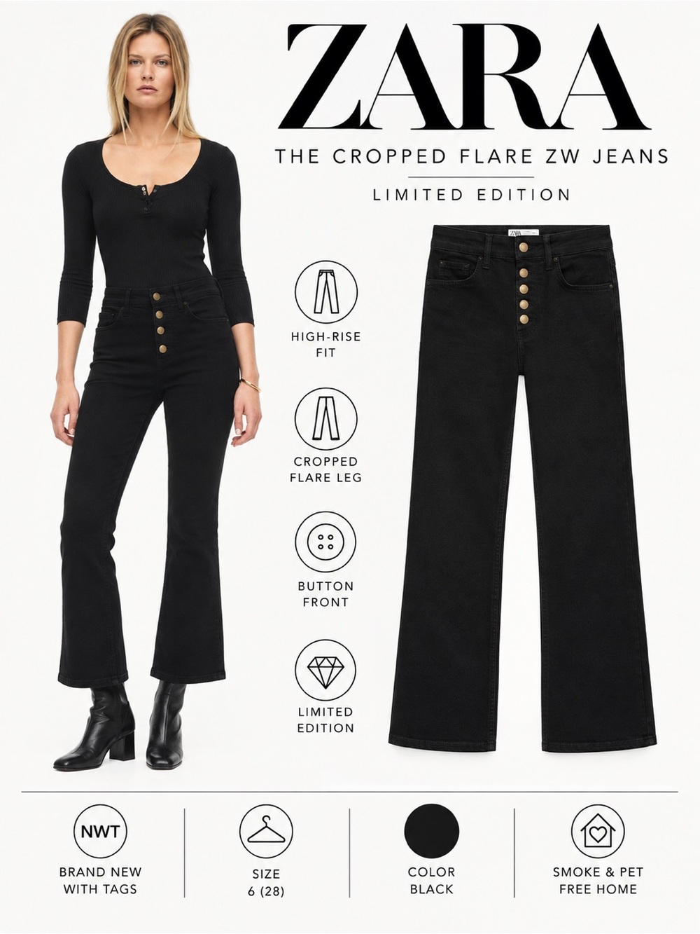 ZARA Black Cropped Flare ZW Jeans Limited Edition NWT Size 6
